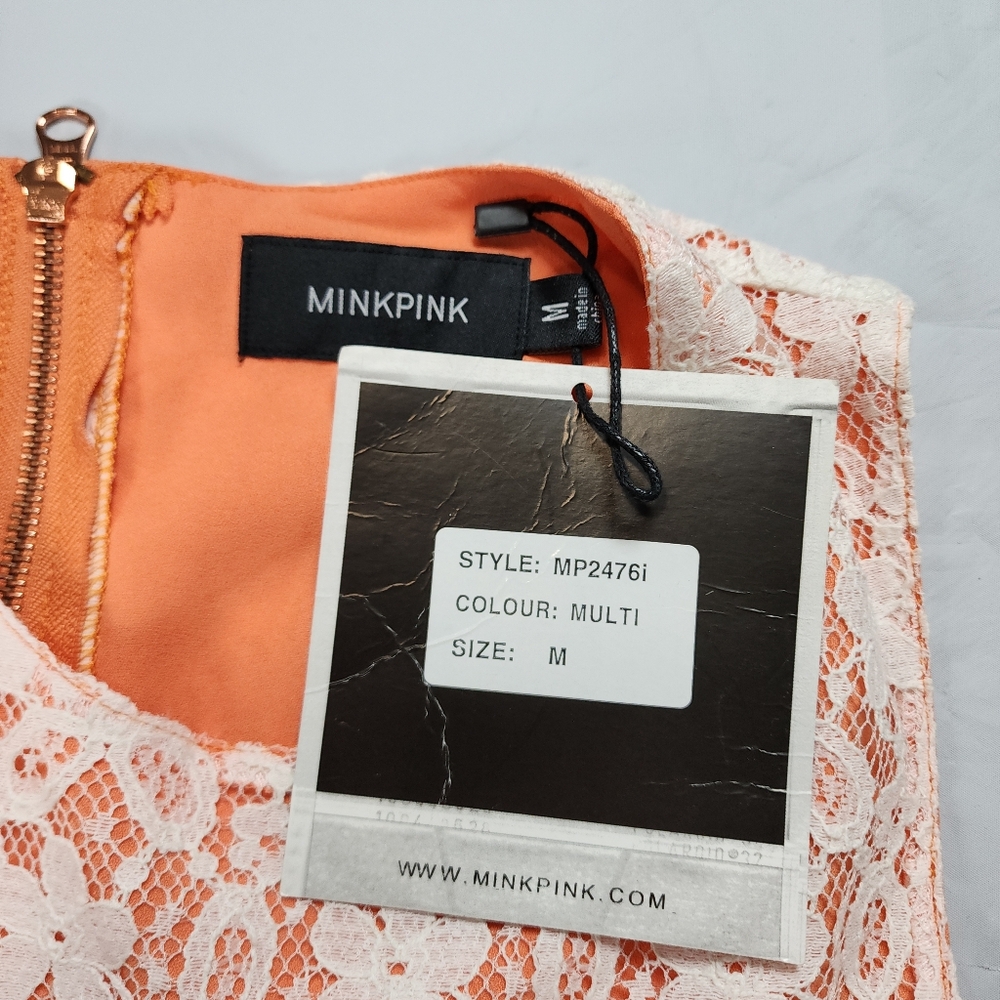 MINKPINK Peach Ivory Lace Cutout Mini Dress Fit Flare Size Medium NWT - Picture 4 of 15